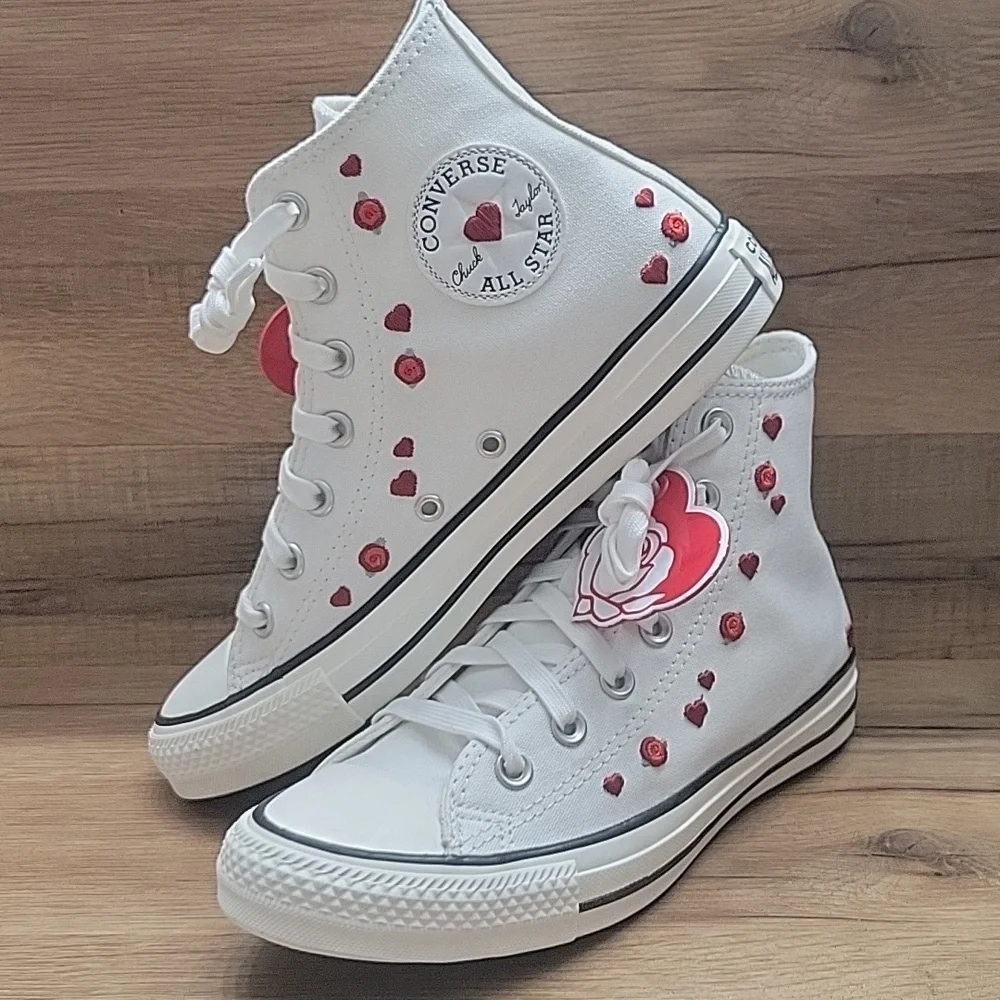 Converse White High-Tops with Red Heart Details